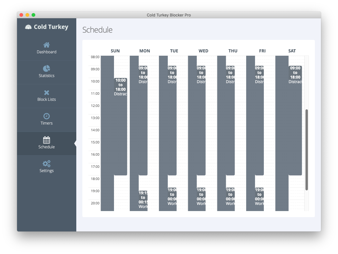 My Cold Turkey schedule.